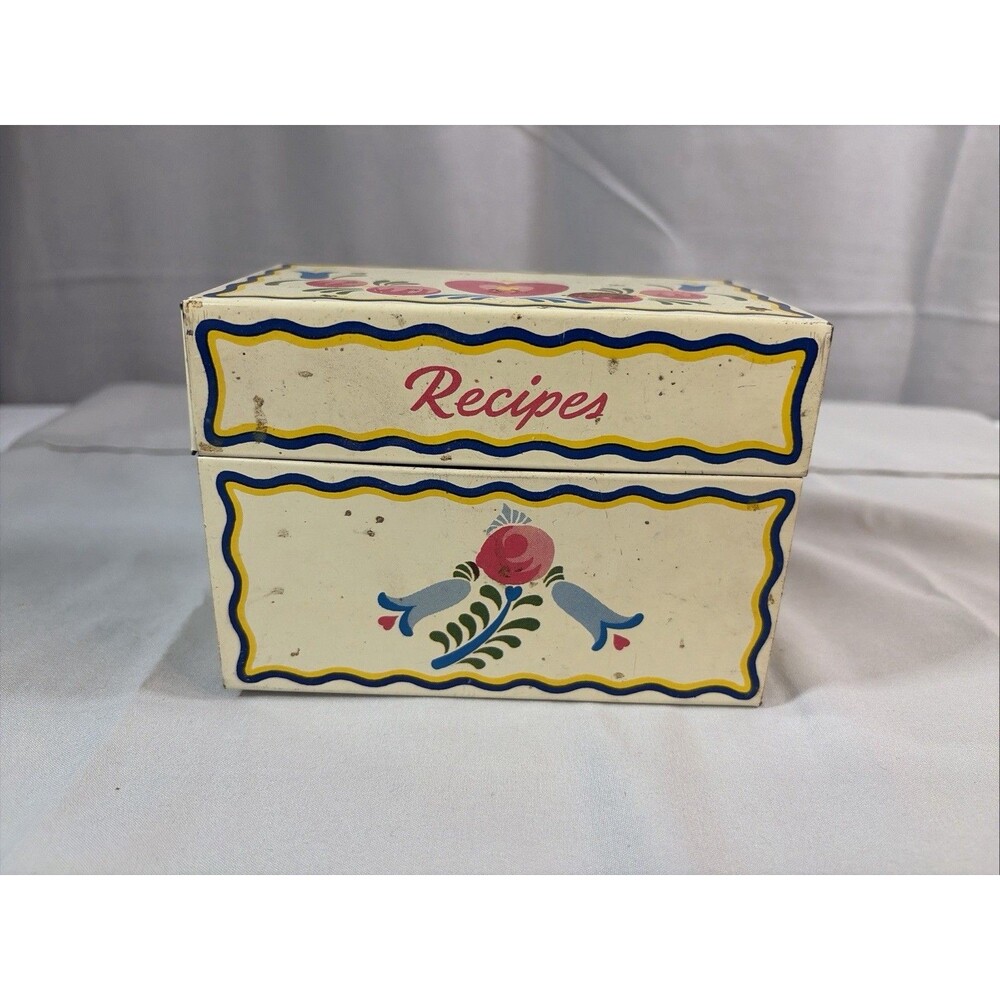 Metal Recipe Box By Ohio Art Co Dutch Hearts Flowers Design Vintage Recipe Cards
